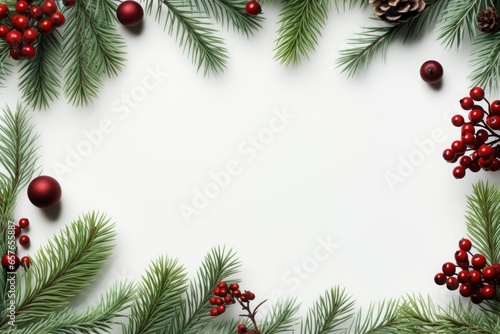 Christmas frame with fir branches and ornaments  in the style of white background. Generative AI.