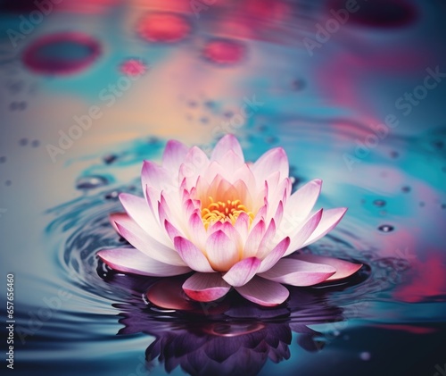 Soft pink water lily lotus flower blooming  deep blue water ripples  lily pad leaves floating  sunset golden hour hues  sacred tranquil nature s beauty.