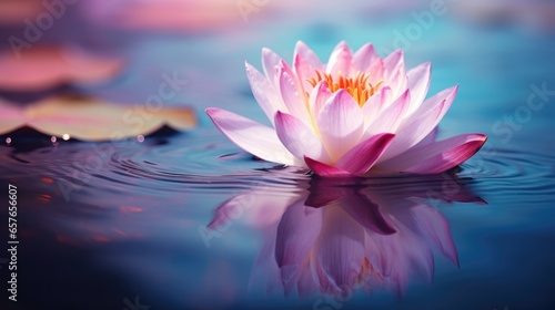 Soft pink water lily lotus flower blooming, deep blue water ripples, lily pad leaves floating, sunset golden hour hues, sacred tranquil nature's beauty.