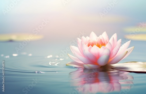 Soft pink water lily lotus flower blooming  deep blue water ripples  lily pad leaves floating  sunset golden hour hues  sacred tranquil nature s beauty.
