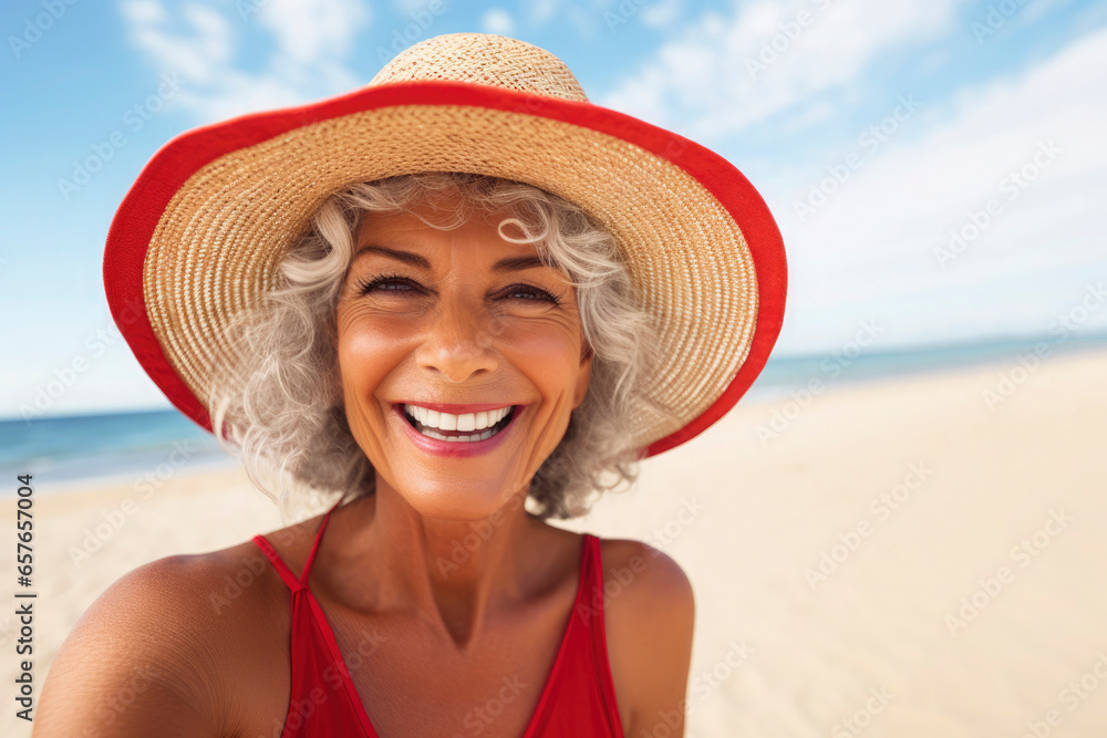 Adult woman with gray hair smiles and takes selfie against background of sea. Portrait of beautiful middle-aged woman in red swimsuit, straw hat on the beach. Happy old age, pensioners travel concept