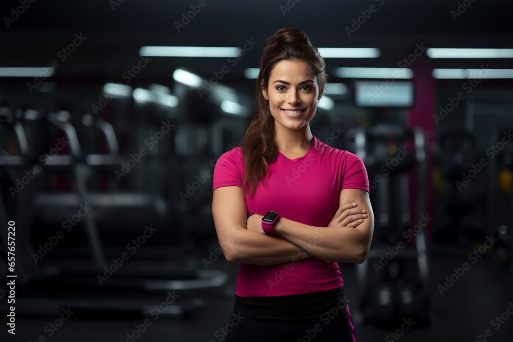 Happy woman fitness coach standing in modern sport club interior. Active sport life getting fit healthy lifestyle concept. Female personal trainer pink t shirt smiling at camera in gym arms crossed - obrazy, fototapety, plakaty 