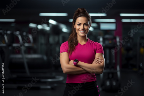 Happy woman fitness coach standing in modern sport club interior. Active sport life getting fit healthy lifestyle concept. Female personal trainer pink t shirt smiling at camera in gym arms crossed