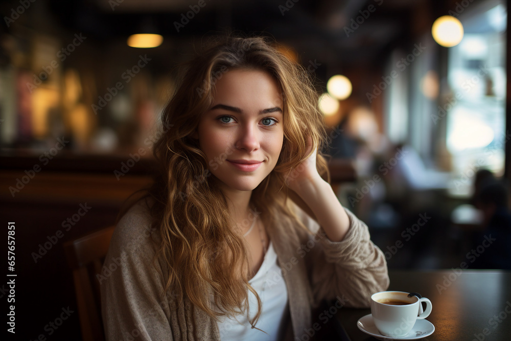 Young beautiful girl sitting table in trendy cafeteria cafe drinking hot fresh coffee Generative AI technology Young beautiful girl sitting table in trendy cafeteria cafe drinking hot fresh coffee Generative AI technology