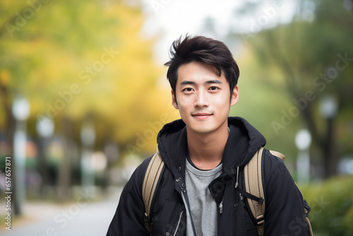 Generative AI image of young asian handsome man with backpack walking park in the city