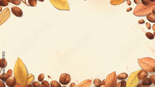 cartoon style of textured nuts and autumn fallen leaves frame isolated on a blank background