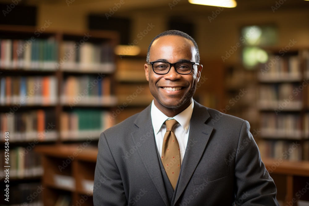 Generative AI photo of handsome happy man professional instructor scientist against a library bookshelf background Generative AI photo of handsome happy man professional instructor scientist against a library bookshelf background