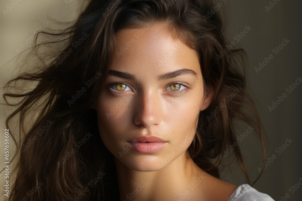 Close-Up Portrait of a Beautiful Fictional Woman's Face. Detailed Facial Expression and Eyes. Generative AI.