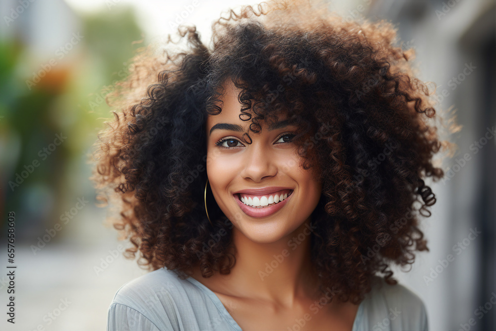 Generative AI picture of beautiful young woman afro volume hair style in the street sunny day Generative AI picture of beautiful young woman afro volume hair style in the street sunny day