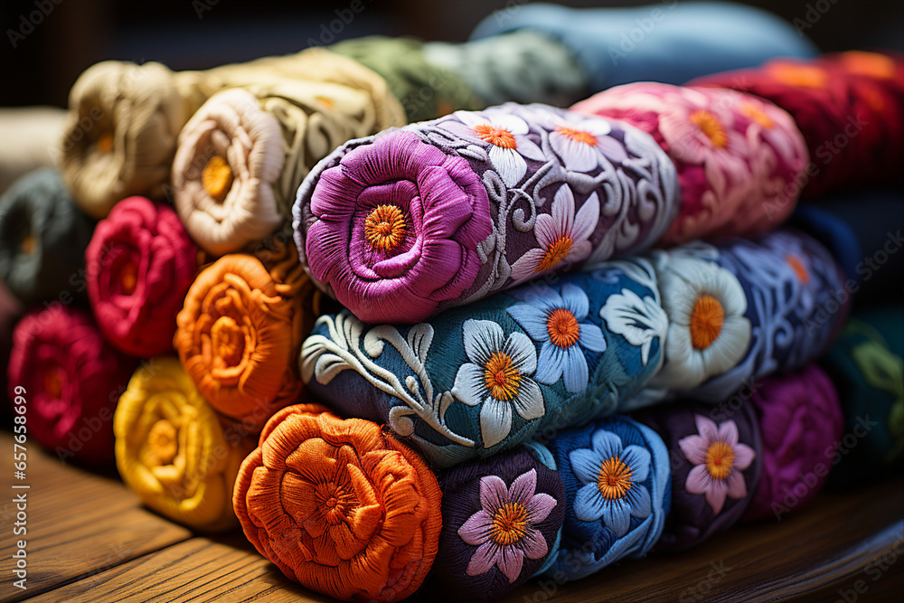 Picture of vibrant luxurious turkish fabric with traditional embroidered pattern and spring flowers made with generative AI