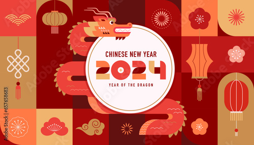 Lunar new year background, banner, Chinese New Year 2024 , Year of the Dragon. Geometric modern style