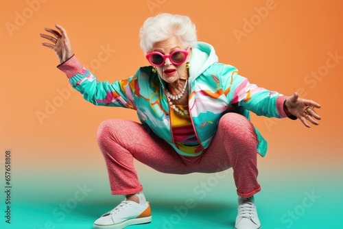 funny old lady doing gymnastics or dancing on colored background