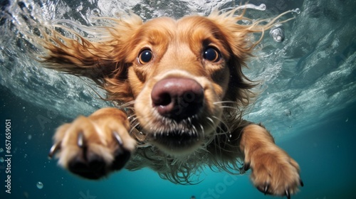 Closeup of funny dog face swimming underwater, Generative AI