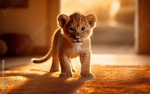 Baby lion walking on floor