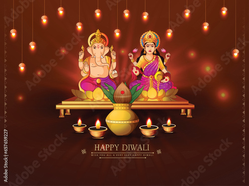 creative vector  illustration of Indian festival Dhanteras festival with Goddess Laxmi and Lord Ganesha with golden Lamps and abstract decotarive background.
