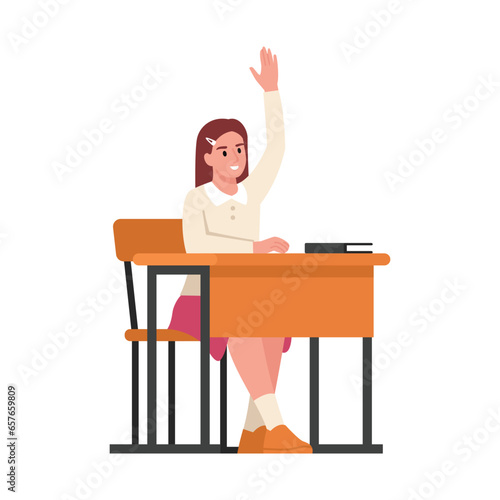 vector illustration of a schoolgirl sitting at his desk and raising his hand to answer	