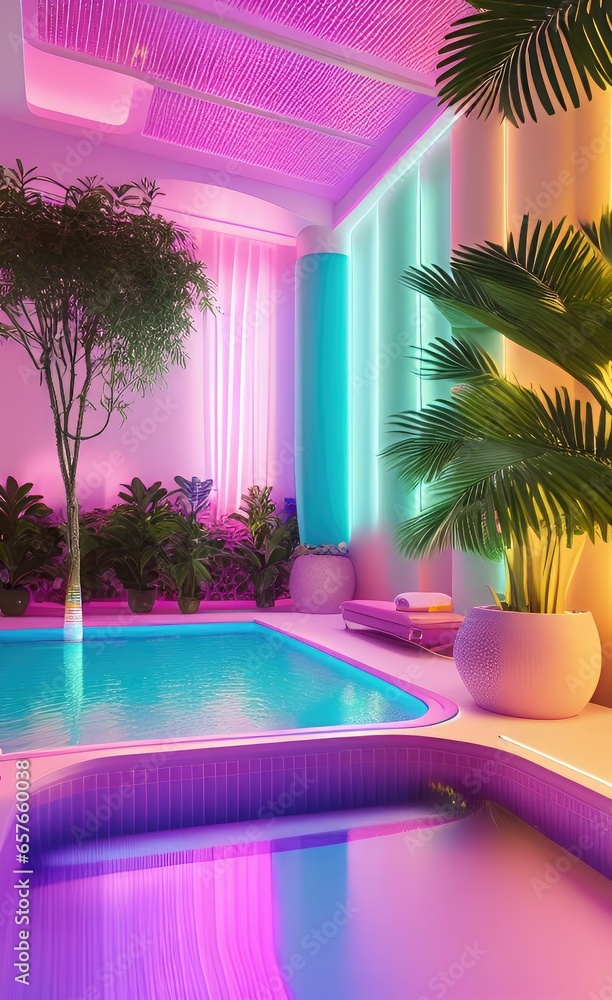 Neon style vibrant pastel colored spa wellness, pool image. Generative Ai art.