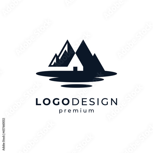 home with mountain and lake for holiday and camp logo design	