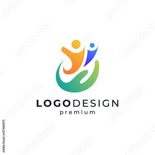 colorful people and hand for social, charity, childcare or education logo design