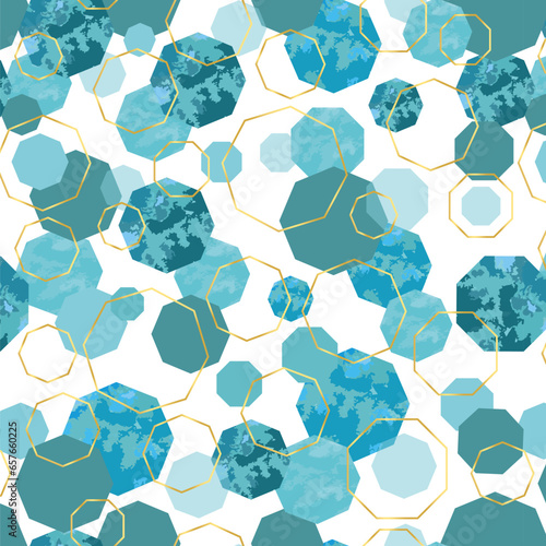 geometric abstract seamless pattern with gold outlines and blue watercolor oktagon photo