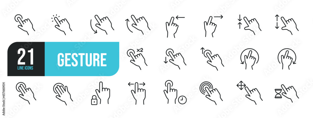 Set of line icons related to gesture, zoom, move, tap, click. Outline icons collection. Editable stroke. Vector illustration. - obrazy, fototapety, plakaty 