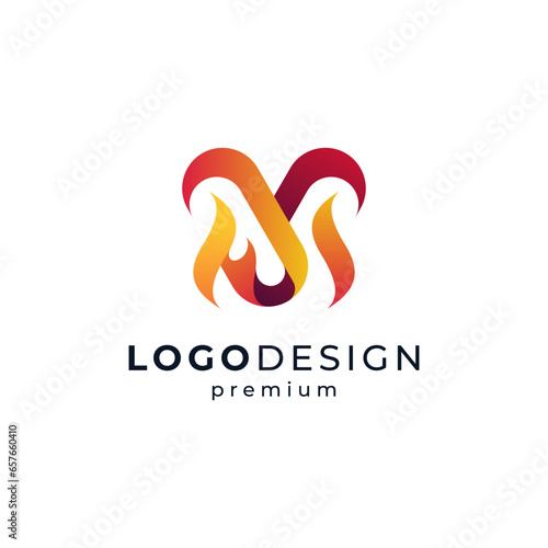 abstract fire and letter M for HVAC or firefighter logo design