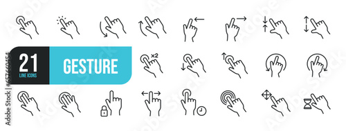 Set of line icons related to gesture, zoom, move, tap, click. Outline icons collection. Editable stroke. Vector illustration.