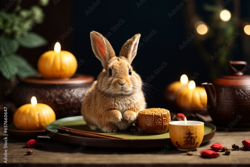Cute rabbit sitting with round mooncake table with tea cups on wooden background and full moon, Mid-Autumn Festival concept. Cute rabbit sitting with round mooncake table with tea cups on wooden background and full moon, Mid-Autumn Festival concept.