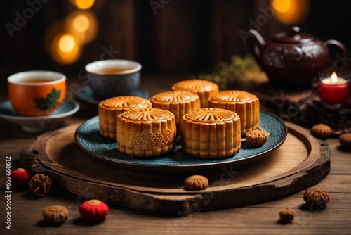 Mooncake on table with tea cups on wooden background and full moon, Mid-Autumn Festival concept.
