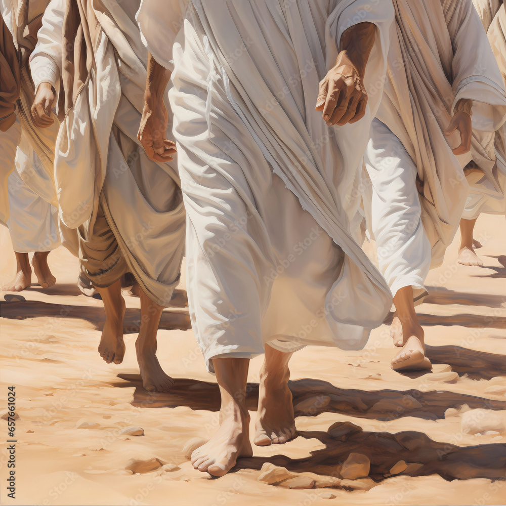 Naklejka premium Closeup of Jesus's feet walking with his disciples in New Testament Israel