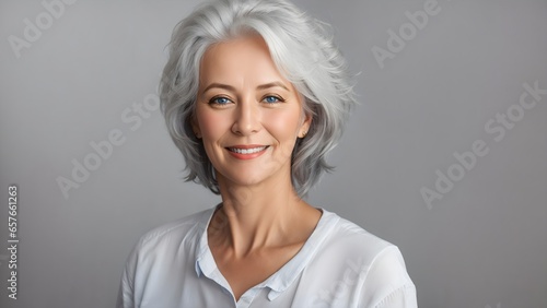 Smiling middle-aged beautiful white woman with gray hair and perfect skin. Portrait of an elderly caucasian woman.