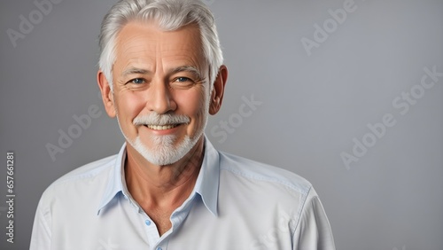 Smiling senior handsome man with gray hair and white teeth. Portrait of older man on a gray background.