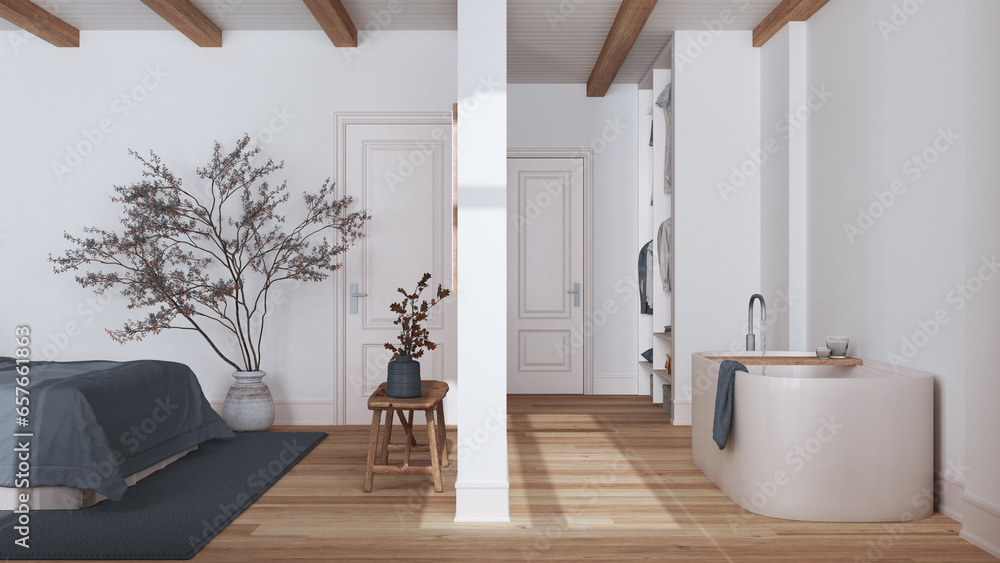 Minimalist nordic wooden bedroom and bathroom in white and gray tones ...