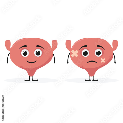 Cartoon unhealthy sick bladder human body organ character. Vector disease urinary system personage with sad face. Unhappy anatomical organ for urination, medicine and health care for kids