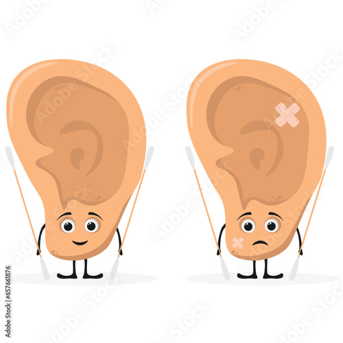 Cute sad unhealthy sick human ear holding cotton  ear sticks. Ear mascot