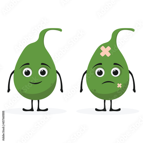Cute green cartoon unhealthy sick gallbladder character. Vector hand drawn kawaii muscot character disease organ icon. Isolated white background.
