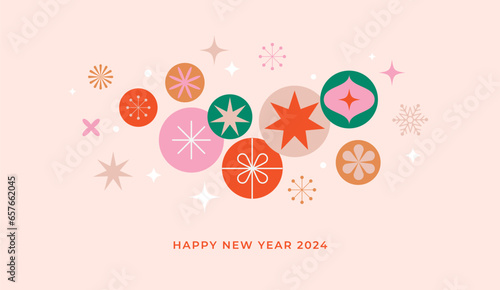 Christmas background in modern minimalist geometric style. Colorful illustration in flat cartoon style. Christmas decorations with geometrical patterns, stars and abstract elements