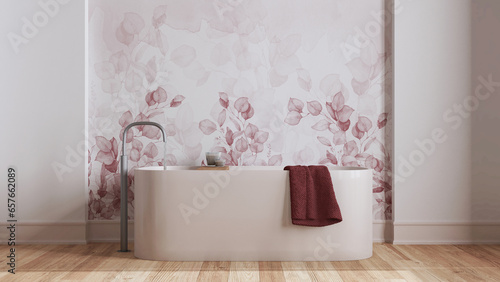 Minimalist nordic wooden bathroom close up in white and red tones. Freestanding bathtub, wallpaper and decors. Scandinavian interior design