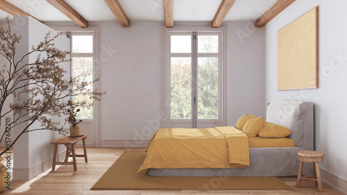 Scandinavian nordic wooden bedroom in white and yellow tones. Double bed with duvet and decors. Beams ceiling and parquet floor. Japandi interior design