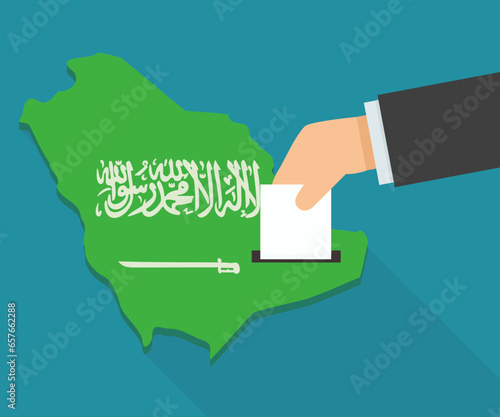 3D map of Saudi Arabia in Saudi Arabian flag colors in a flat design style isolated on a blue background with a shadow in which a hand places a ballot paper