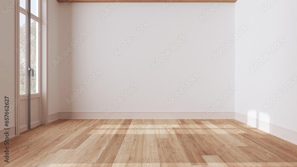 Wooden empty room interior design, open space with parquet floor, beams ceiling and white walls, modern contemporary architecture concept idea Wooden empty room interior design, open space with parquet floor, beams ceiling and white walls, modern contemporary architecture concept idea