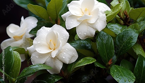 Gardenia flowers after the rain. The image fills the whole frame.