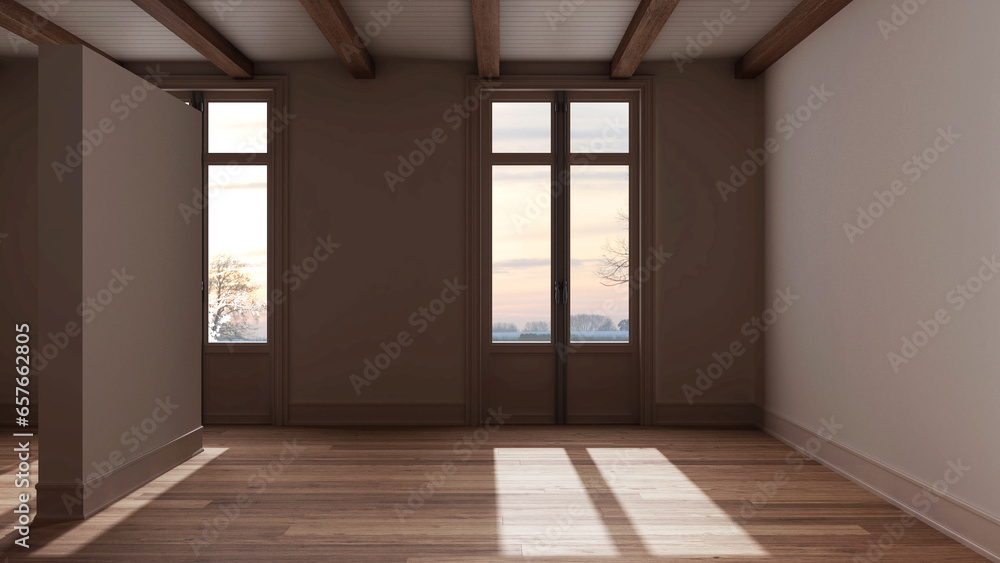 Dark late evening scene, empty room interior design, open space with parquet floor, beams ceiling and white walls, modern architecture concept idea Dark late evening scene, empty room interior design, open space with parquet floor, beams ceiling and white walls, modern architecture concept idea