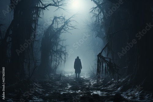 person stands in the fog in the scary forest