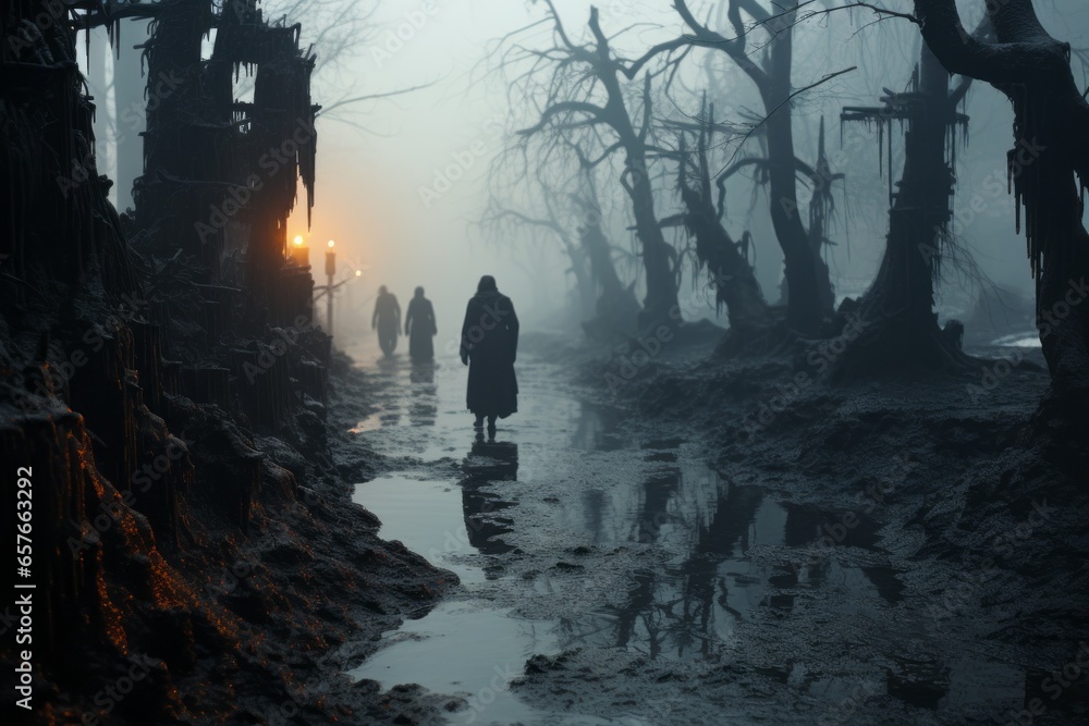 Fototapeta premium person stands in the fog in the scary forest
