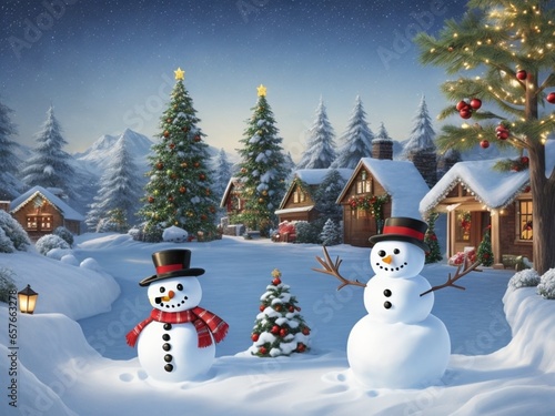 Christmas landscape with cute snowman ai generated © Hamza