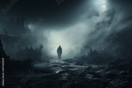 scary person stands in the fog in the forest 
