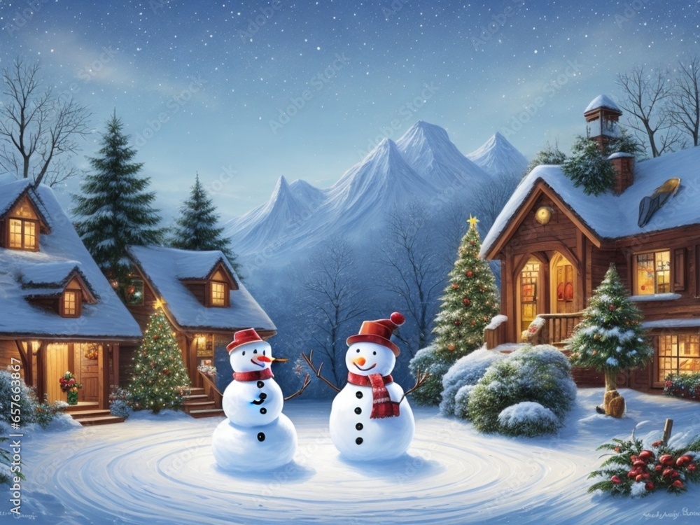 Obraz premium Christmas landscape with cute snowman ai generated