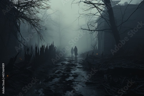 scary person stands in the fog in the forest 