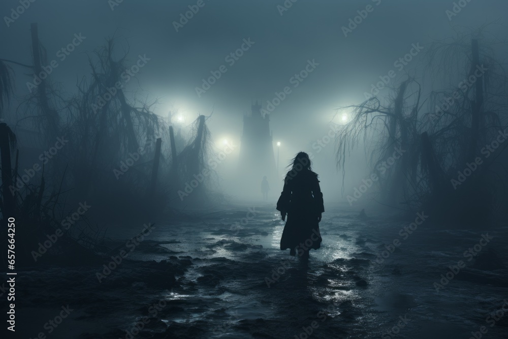 person stands in the fog in the ominous forest 